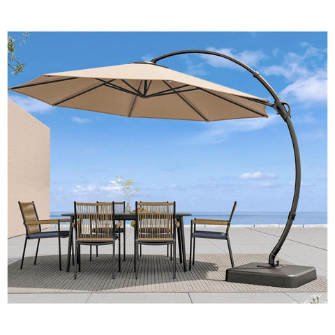 Outdoor scene with 11 Ft Deluxe Cantilever Outdoor Umbrella With Base Included Heavy Duty Rotating Offset Patio All Weather Shade over a patio table.