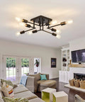 8 Light Semi Flush Mount Ceiling Light Fixture Dope Modern Metal Black Sputnik Chandelier With E26 Base in living room