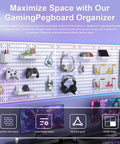Gaming setup with 4 Pack White Pegboard Panels for Walls Heavy Duty PP Plastic Pegboard Wall Organizer showcasing accessories