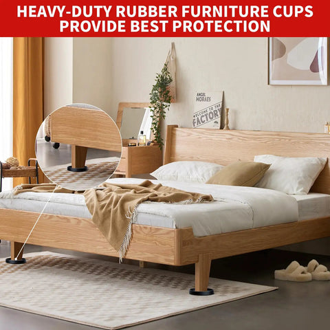Non Slip Furniture Pads 2 Inch Anti Skid Rubber Caster Cups 12 Pack Black resting under bed legs for stability and floor protection.