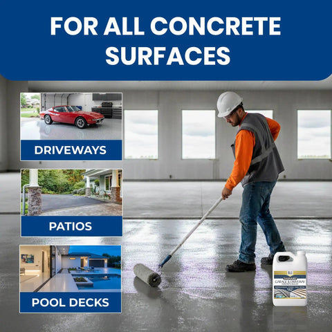 Worker applying Heavy Duty Water Based Concrete Sealer For Garage And Driveway Delivering Tough As Nails Chemical Protection.