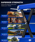 Beefed Up Heavy Duty Motorcycle Lift Jack Up To 1100 Pound With Wide Deck Scissor Lift shown supporting various bikes.