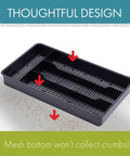 Swanky Four Compartment Utensil And Cutlery Drawer Organizer Tray In Matte Black For Kitchens Or Junk Drawers With Drainage Mesh Bottom Keeps Mess Out Made In Usa, showing mesh bottom design.