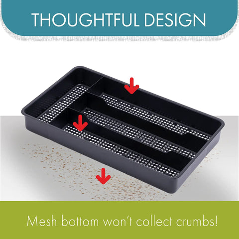 Swanky Four Compartment Utensil And Cutlery Drawer Organizer Tray In Matte Black For Kitchens Or Junk Drawers With Drainage Mesh Bottom Keeps Mess Out Made In Usa, showing mesh bottom design.