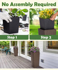 All Weather Wicker Planters Set Of 2 Tall 24 Inch Square Rattan Pots In Mocha Finish For Front Porch Patio Balcony Or Indoor Use Versatile Outdoor Indoor Duo showing planting steps and installation on porch