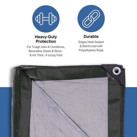 Heavy-Duty 12x14 Foot Poly Tarp With Reversible 8-Mil Waterproof Coverage, green and silver side with reinforced edges and grommet.