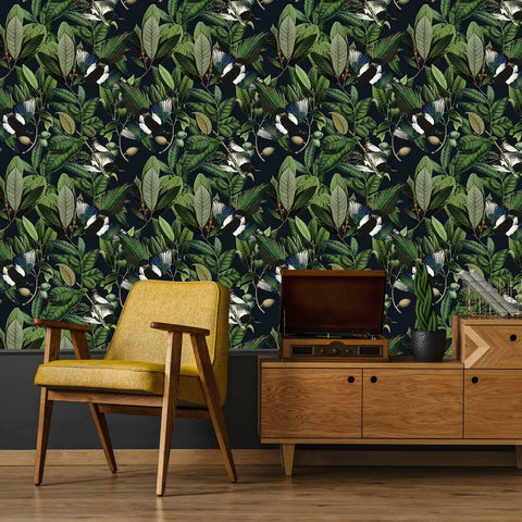Tropical Jungle Leaves Peel And Stick Wallpaper 17.7 By 118 Inches Vinyl Self Adhesive Green Floral Wall Covering With Exotic Birds