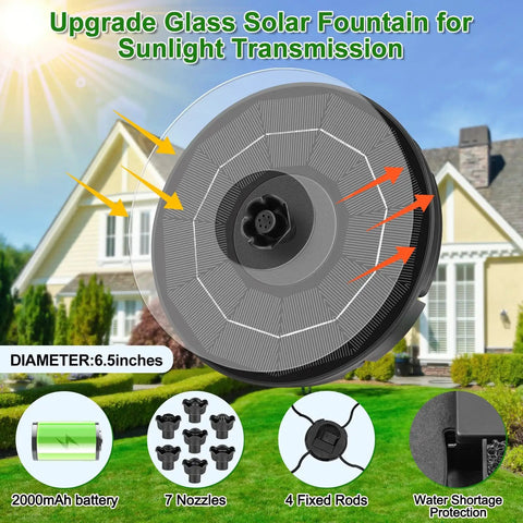 Solar Fountain With 2000mAh Battery, Easy Start On Cloudy Days, Upgraded Glass Solar Water Pump, 7 Nozzles And 3 Adjustable Spray Heights, Bird Bath Fountain For Garden Pool Pond displayed in front of a house.