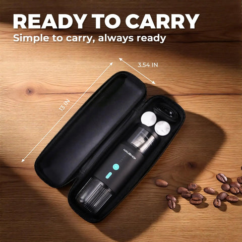 Portable Electric Espresso Machine With 20 Bar Pump, Fast Heat Up On The Go Coffee Maker USB C Rechargeable in black case.