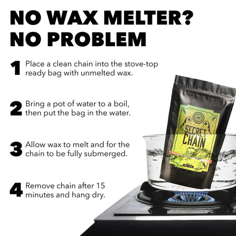 Secret Bike Chain Wax Blend 500g Hot Melt Wax Bicycle Chain Lube With Nano Tungsten Disulfide shown in easy boiler bag application.