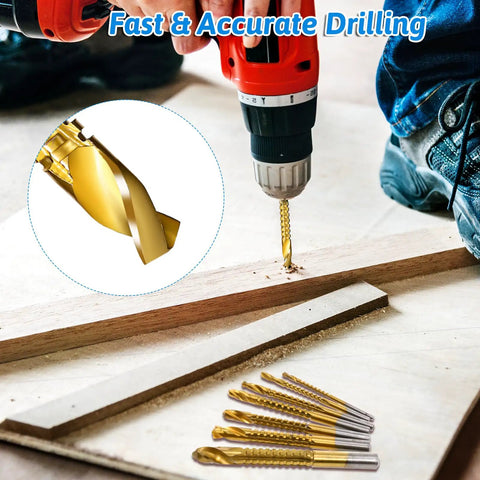 Person using a twist drill with Eight Piece Titanium Coated HSS Twist Drill Bits Set With Hex Shank 3mm To 10mm Serrated Cutting