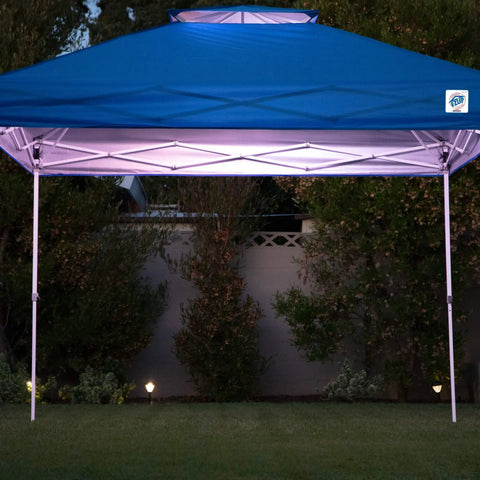 Link Light System For Canopies 4 Pack 20 Inch Light Bars 2720 Lumens Total illuminating a blue canopy at dusk outdoors