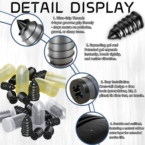 Detailed view of 60 Piece Tire Repair Kit With 4 Sizes Rubber Nails And Plugs For Easy DIY Tire Fix On Cars Bikes And Trucks Vacuum Nail Set