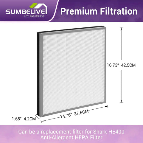 2 Pack HE400 Replacement Filter Kit For Home Air Purifier Upgrade With HE401 HE402 HE405 Carbon Plus True HEPA shown with dimensions