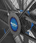 Heavy Duty Fifty Nine Inch Portable Industrial Floor Fan With Variable Speed Settings And Quick Tilt Rig showing close-up of fan blades and grille.