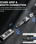 5-Piece 1/2 Inch Drive Impact Socket Set With 3 Inch Extension Bar, Cr-Mo Steel connection detail, secure grip illustration