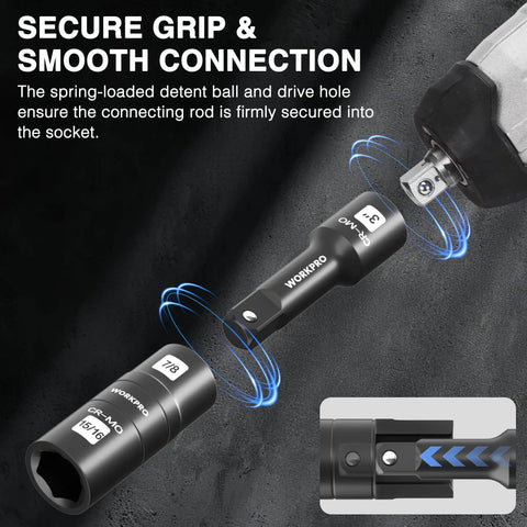 5-Piece 1/2 Inch Drive Impact Socket Set With 3 Inch Extension Bar, Cr-Mo Steel connection detail, secure grip illustration