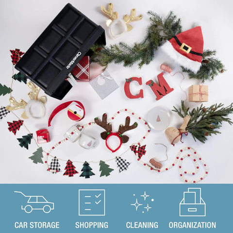 Holiday decor with festive accessories, red ornaments, and greenery beside a black storage bin labeled "Car Storage, Shopping, Cleaning, Organization."
