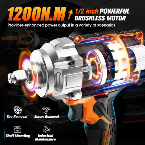 Illustration of Half Inch Cordless Impact Wrench With High Torque Brushless Motor 900 Ft-Lb 1200 Nm showing power output.