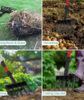 Four uses of Heavy Duty Garden Pitch Fork With 5 Tines And 41 Inch Fiberglass Handle D Grip: removing roots, harvesting, gardening, cutting clay.