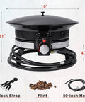 Smokeless Propane Fire Pit 53000 BTU Portable Outdoor Heater with dimensions, black strap, flint, and 80-inch hose