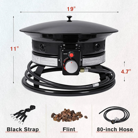 Smokeless Propane Fire Pit 53000 BTU Portable Outdoor Heater with dimensions, black strap, flint, and 80-inch hose