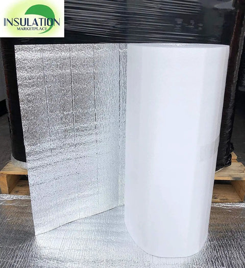 Heavy Duty Three Millimeter Foam Core Radiant Barrier Roll with white vinyl surface and reflective silver backing.