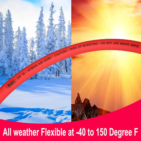 Heavy-Duty Hybrid Air Compressor Hose, Built Like A Tank With Hella Flexible Kink-Free Design, 1/4 Inch Id By 25 Feet in winter and sunny settings.