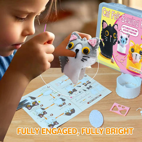 Child sewing a kitten with Cat Sewing Kit For Kids Beginners Starter Kit With Pre-Punched Felt Learn To Sew For Ages 6 To 12