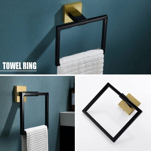 Dope Five Piece Black And Gold Bathroom Hardware Set towel ring mounted on wall, SUS304 stainless steel, includes 23.6 inch towel bar