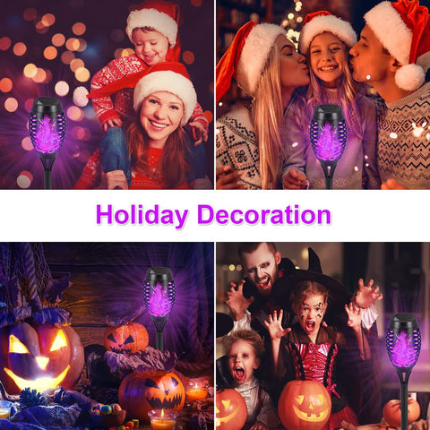 Festive scenes with families celebrating holidays, featuring 12 Pack Solar Torch Lights With Lit Flickering Flame For Garden Patio And Yard Decor Waterproof Outdoor Lighting Landscape LED Flame Torches For Outside Pathway.