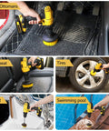 Power Scrub Drill Brush Attachment Set With Yellow Bristles cleaning car interior, seat, tire, boat, and pool surfaces.