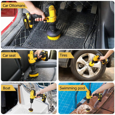 Power Scrub Drill Brush Attachment Set With Yellow Bristles cleaning car interior, seat, tire, boat, and pool surfaces.