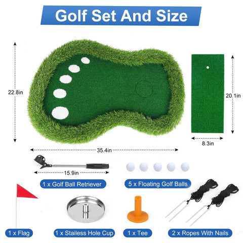 Floating Golf Green For Pool And Lake, Chipping Green Mat With Ball Retriever, kit includes nails, ropes, balls, retriever, and cup