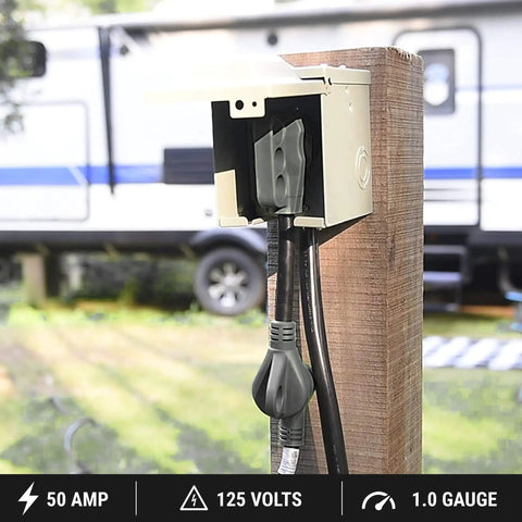 36 Foot 50 Amp RV Extension Cord With 14 50P Plug And 14 50R Receptacle, Outdoor STW Cable in use, connecting to power outlet