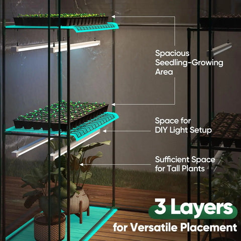 Interior view of Walk In Outdoor Greenhouse 56 x 29 x 77 Inch Portable Garden Hot House Kit with 3 Tier 4 Shelf for plant growth.