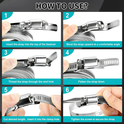 Step-by-step guide on using DIY Heavy Duty Adjustable Hose Clamp Kit 16 Ft With 304 Stainless Steel Clamps Strap And 10 Fasteners