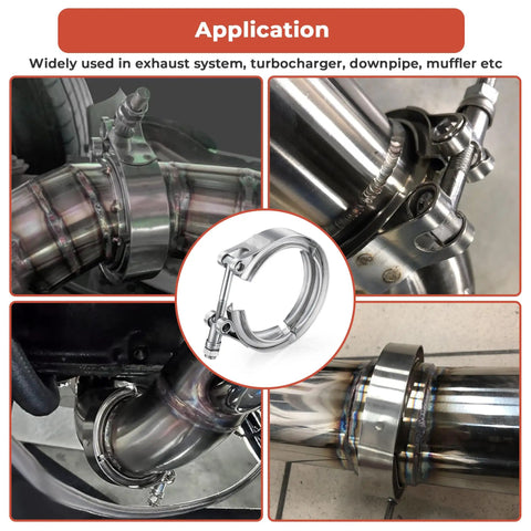 1.5 Inch 304 Stainless Steel V Band Exhaust Clamp for Turbo Downpipes Flange Kit displayed in multiple applications
