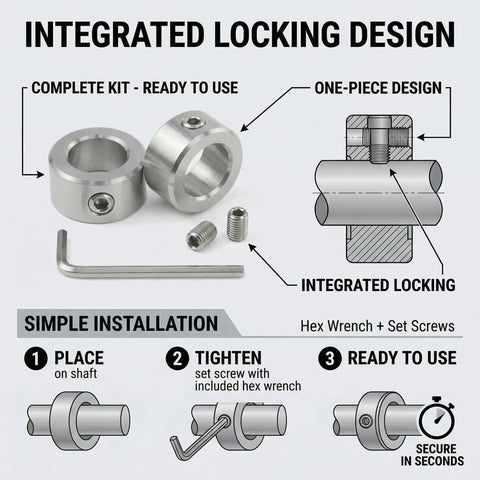 2 Pack 304 Stainless Steel Shaft Collars With 5mm Bore And Screws For 3D Printers Rust Resistant And Humidity Ready Heavy Duty Locking With Single Set Screw Keeps Shafts From Slipping, with hex wrench and installation diagram