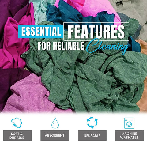 Recycled Color Knit Cleaning Rags Bulk Pack For DIYers And Home Pros, ultra absorbent cotton T-shirt rags in various colors.