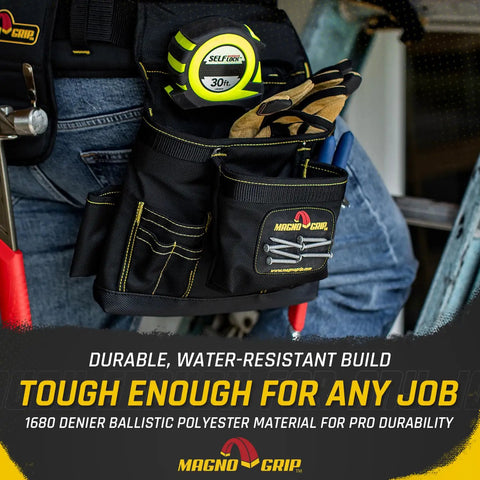 Close-up of a 20 Pocket Builder Tool Rig With Magnetic Storage For Quick Access, Heavy Duty 1680D Polyester Tool Belt.