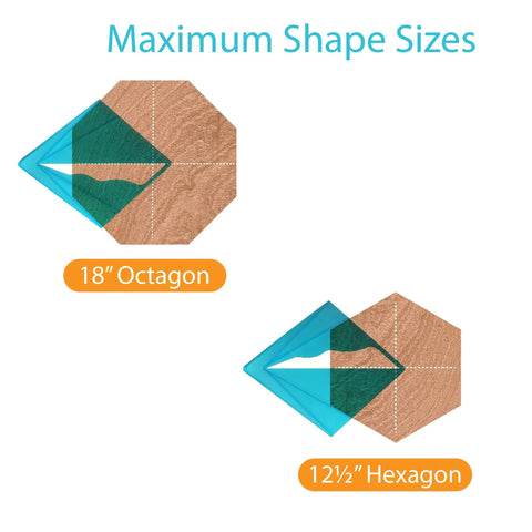 Maximum shape sizes for Zero Hassle Woodworking Center Finder including 18" octagon and 12½" hexagon shapes.