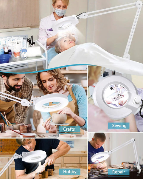 Lit LED Magnifying Lamp With Stand And Rolling Base, 4.9 Inch Lens, 2,200 Lumens, used in various crafts and tasks