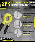 Two Pack 8ft by 1in tow strap with wear guard, lifting capabilities shown, yellow webbing, reinforced loops, heavy duty use