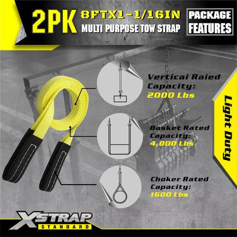 Two Pack 8ft by 1in tow strap with wear guard, lifting capabilities shown, yellow webbing, reinforced loops, heavy duty use