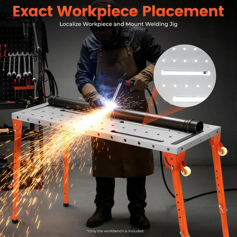 Heavy Duty Folding Welding Table With Adjustable Height And 1000 Lb Capacity Shop Grade Steel Workbench Built Tough For Sheet Metal Fab Portable Workstation in use with welding torch and sparks. 