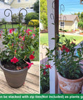 4 Pack 23 Inch Fan Shape Plant Trellis supporting potted climbing plants on patio, black powder coated steel, no assembly needed.
