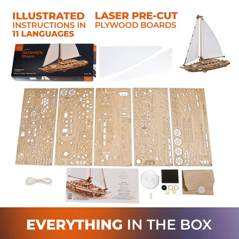 Serenity's Dream 3D Wooden Yacht Puzzle Kit For Grownups, DIY Model Building Hobby Craft With Moving Sails, Brain Teaser And Engineering Gift, Miniature Sailing Vessel For Builders And Puzzle Lovers; box, plywood sheets, sails