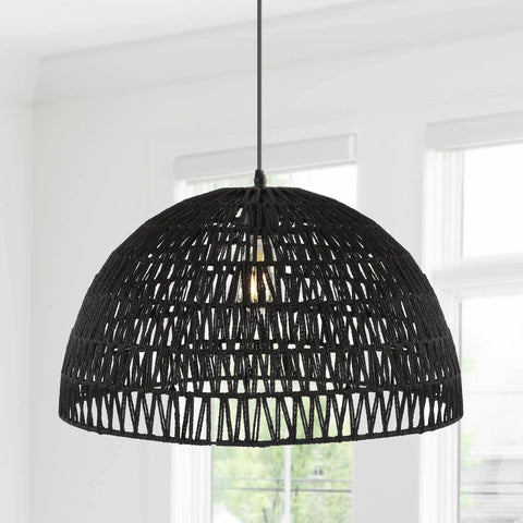 20 Inch Black Modern Bohemian Woven Rope LED Pendant Light Fixture With Adjustable Dome Ceiling Lamp For Kitchen Island Rope Shade Dope Coastal Farmhouse Decor