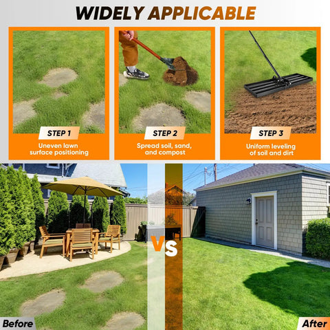 Diagram showing steps to level a lawn with the Beast Lawn Leveling Rake With 30 By 10 Inch Plate And 73 Inch Stainless Steel Handle